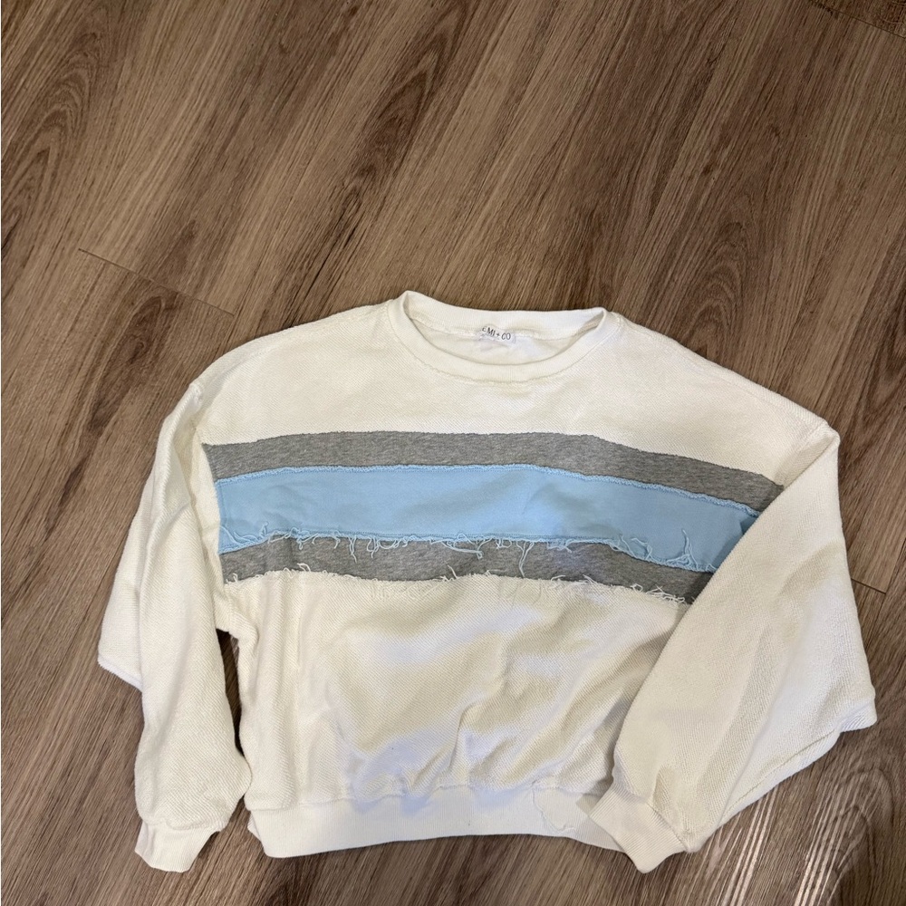 White and Gray Sweater with Blue Accent